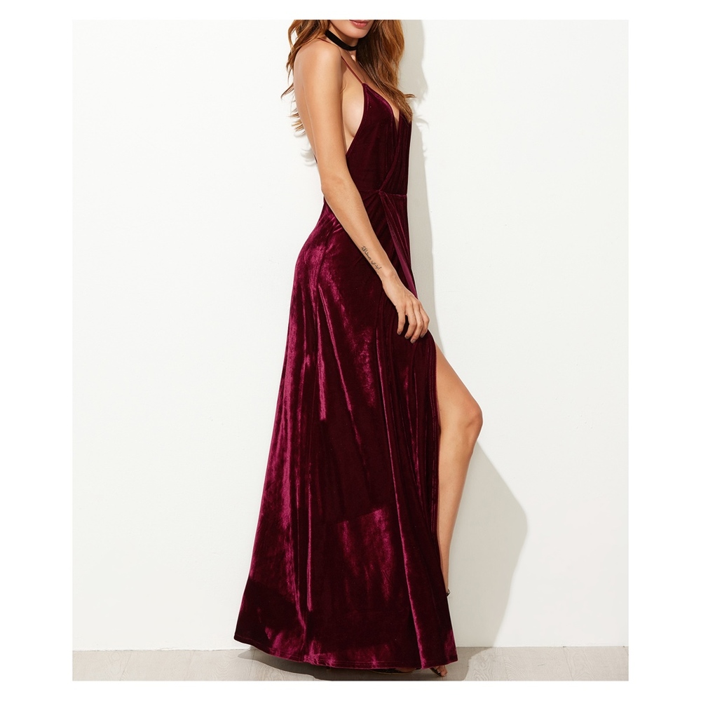 Burgundy Red Strappy Backless Velvet Wrap Dress - Picture 6 of 8